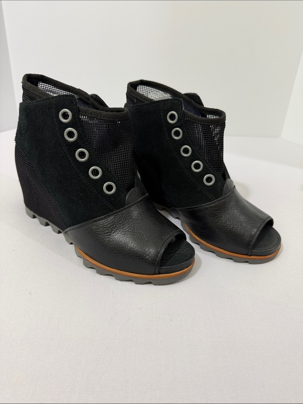 Sorel Black Peep-Toe Wedge Ankle Booties with Eyelet Detail